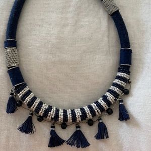 Navy and white Bead and tassel necklace